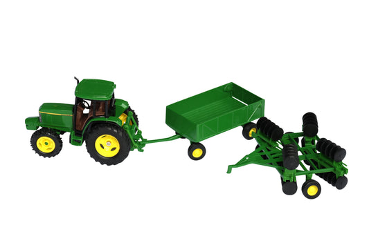 John Deere Tractor with Barge Wagon & Disk Plow.